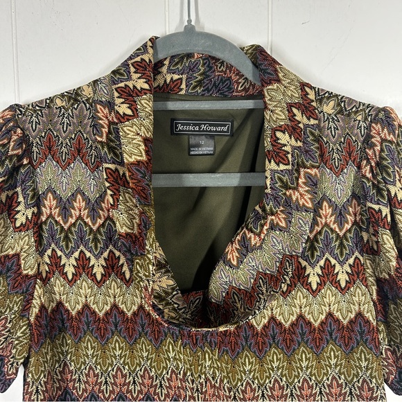Jessica Howard Brown and Green Chevron Pattern Short Sleeve Dress 12 - Picture 6 of 7